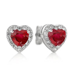 Boucles d'oreilles Cœur Rubis Avec Diamants Halo Or Blanc 6 Carats 14K
