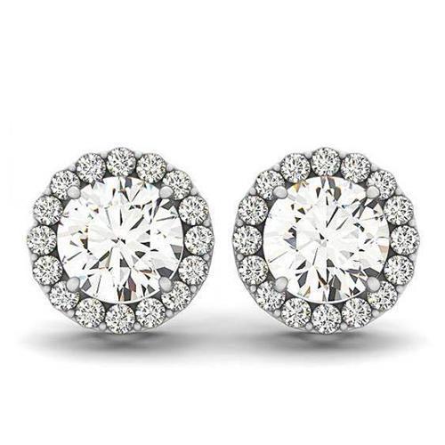 Boucles d'oreilles Halo en or blanc 14 carats avec diamants ronds de 2.10 carats - HarryChadEnt.FR