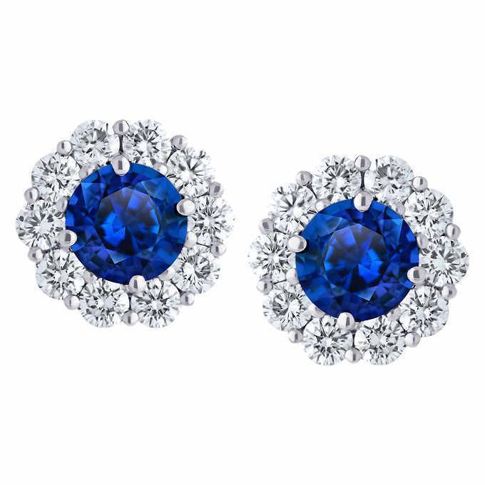 Boucles d'oreilles clous d'oreille femme saphir bleu taille ronde et diamants 6 ct - HarryChadEnt.FR