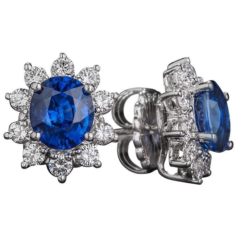 Boucles d'oreilles clous d'oreilles diamants en grappe de saphirs bleus 5 carats en or blanc - HarryChadEnt.FR