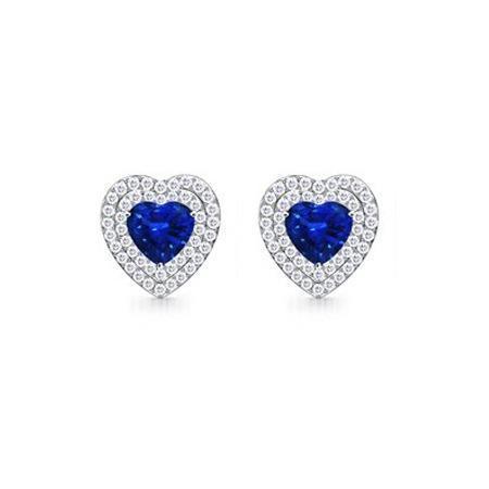 Boucles d'oreilles clous d'oreilles diamants ronds 3 carats saphir de Ceylan coeur or blanc 14K - HarryChadEnt.FR