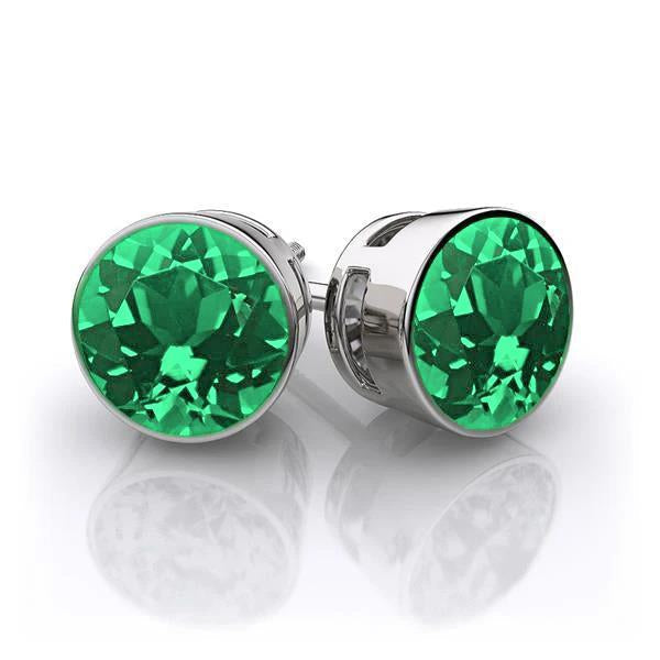 Boucles d'oreilles clous d'oreilles émeraude verte sertie de lunette 8 carats en or blanc 14 carats - HarryChadEnt.FR