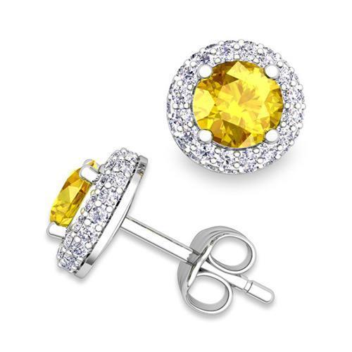 Boucles d'oreilles clous d'oreilles en or blanc 5 carats pour femmes. taille ronde. saphir jaune - HarryChadEnt.FR