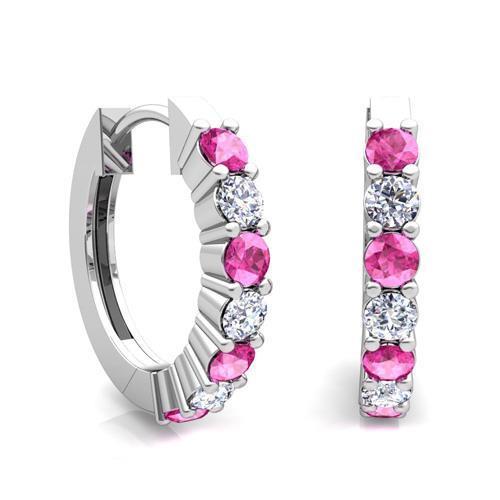 Boucles d'oreilles créoles dames saphir rose et diamants 7 carats or blanc 14K - HarryChadEnt.FR