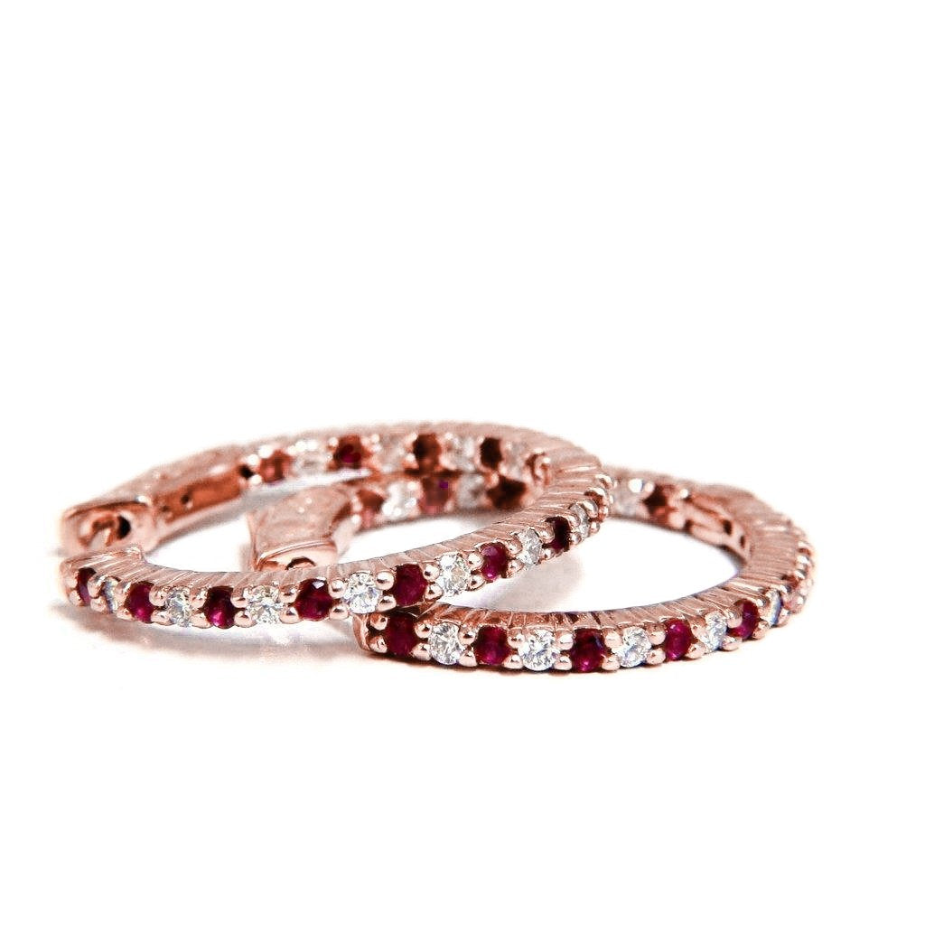 Boucles d'oreilles créoles diamant rubis taille ronde rouge or rose 14 carats 4 carats - HarryChadEnt.FR