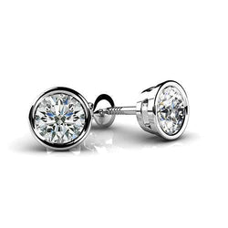 Boucles d'oreilles diamant Coupe Ronde sertie lunette 1 carat or blanc 14K
