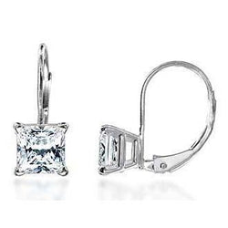 Boucles d'oreilles diamant taille princesse 2 carats F Vs1 Leverback Eurowire 14K or blanc