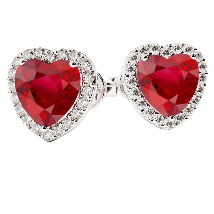 Boucles d'oreilles diamants et rubis rouges coupe coeur 5.20 carats or blanc 14K - HarryChadEnt.FR
