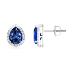 Boucles d'oreilles diamants ronds halo poire saphir bleu du Sri Lanka 3 Ct