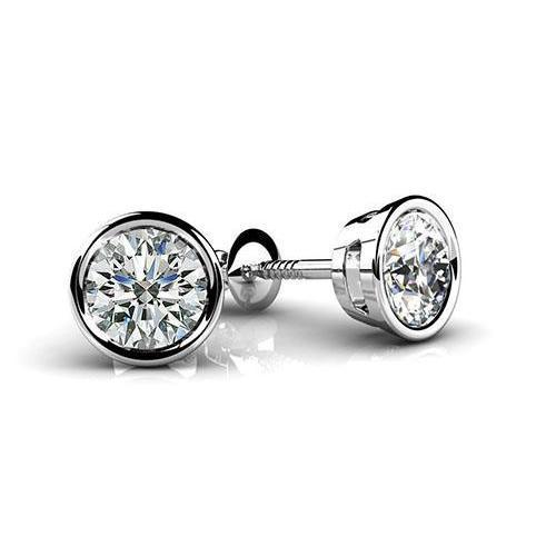Boucles d'oreilles diamants ronds solitaire sertis clos 2 carats or blanc 14K - HarryChadEnt.FR