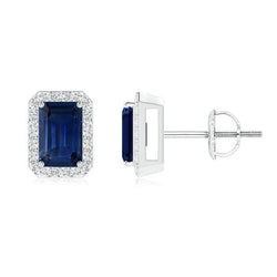 Boucles d'oreilles diamants taille émeraude saphir bleu du Sri Lanka 3.20 ct