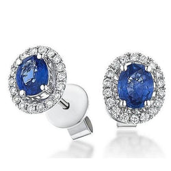 Boucles d'oreilles en diamant taille ovale avec saphir bleu de Ceylan et halo de diamants 3.36 ct WG 14K