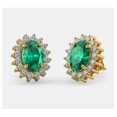 Boucles d'oreilles en émeraude verte de 4.80 ct avec diamants en or jaune 14 carats - HarryChadEnt.FR