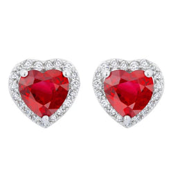 Boucles d'oreilles en forme de coeur 3 carats avec halo de diamants et rubis en or blanc 14K