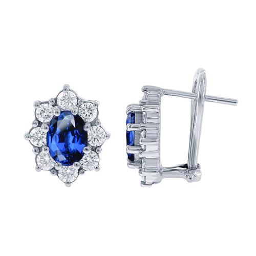 Boucles d'oreilles en grappe de diamants en saphir bleu de Ceylan de 3.60 ct en or blanc 14K - HarryChadEnt.FR