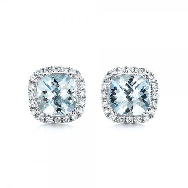 Boucles d'oreilles en or blanc 14K 4.70 ct Halo aigue-marine avec diamants - HarryChadEnt.FR