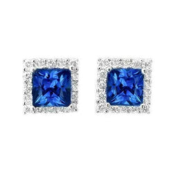 Boucles d'oreilles en or blanc 14K avec diamants taille princesse et saphir bleu 2.40 ct