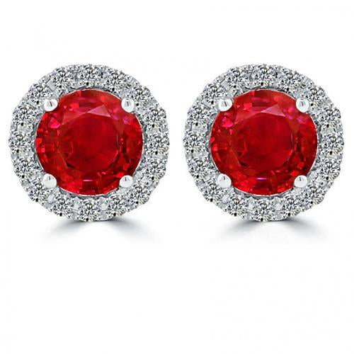 Boucles d'oreilles en or blanc taille ronde rubis avec halo de diamants 5.60 ct - HarryChadEnt.FR