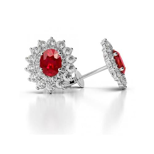 Boucles d'oreilles en or blanc avec rubis rouge 6 carats et diamants de style fleur - HarryChadEnt.FR