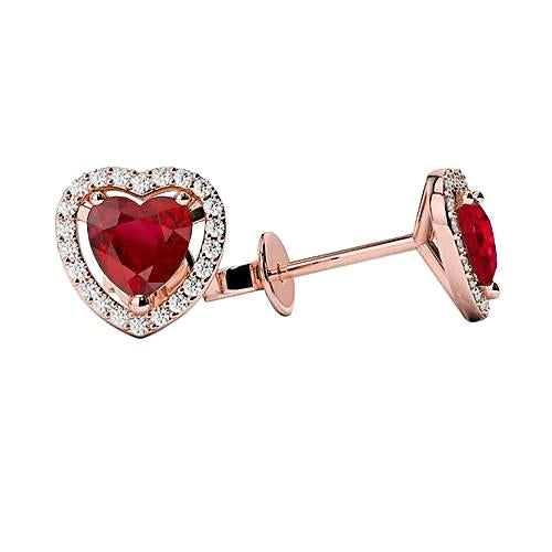 Boucles d'oreilles en or rose 14K 3.50 Ct rubis rouges et diamants Halo - HarryChadEnt.FR