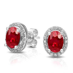 Boucles d'oreilles en rubis ovale avec halo de diamants ronds 6.10 carats WG 14K
