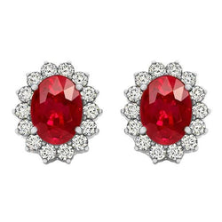 Boucles d'oreilles en rubis ovale de 7.50 ct avec diamants ronds en or blanc 14K