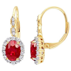 Boucles d'oreilles en rubis rouge à levier de 7.90 carats et halo en or jaune 14K