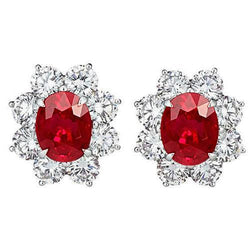 Boucles d'oreilles en rubis rouges et diamants 5.40 carats Halo Gemstone Jewelry
