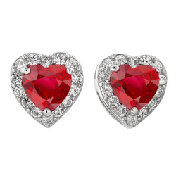 Boucles d'oreilles en rubis taille cœur et diamants ronds 6 carats en or blanc 14K