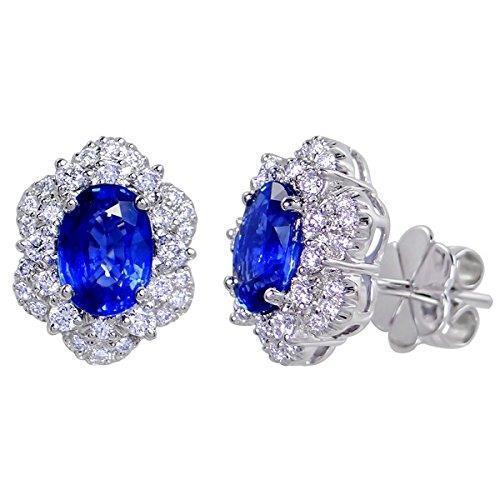 Boucles d'oreilles en saphir bleu ovale 4 ct et diamants ronds en or blanc 14K - HarryChadEnt.FR