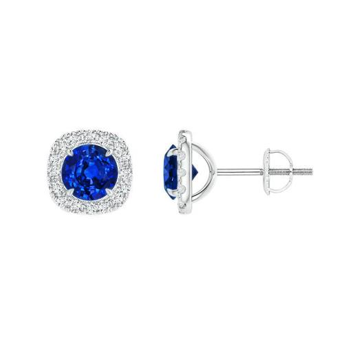Boucles d'oreilles en saphir rond bleu de 1.36 ct et diamants halo - HarryChadEnt.FR