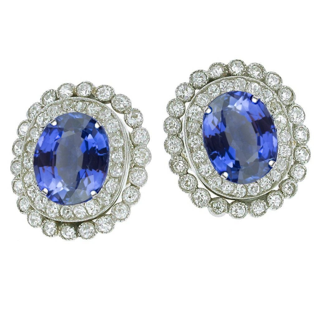 Boucles d'oreilles en saphir rond ovale avec halo de diamants de Ceylan 5.50 ct. GT 14K - HarryChadEnt.FR