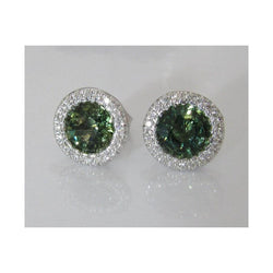 Boucles d'oreilles en saphir vert Coupe Ronde et halo de diamants de 2.44 ct