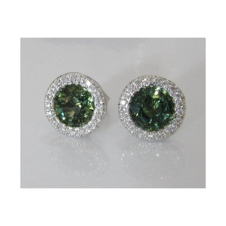 Boucles d'oreilles en saphir vert taille ronde et halo de diamants de 2.44 ct - HarryChadEnt.FR