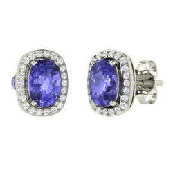 Boucles d'oreilles en tanzanite bleue avec halo de diamants en or blanc 5.50 carats