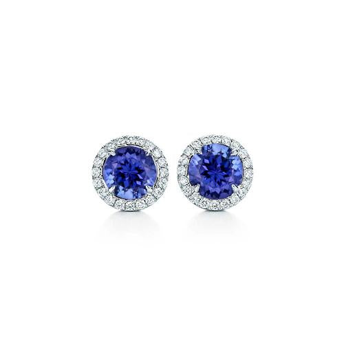 Boucles d'oreilles en tanzanite brillante de 5.90 carats avec diamants et halo 14K - HarryChadEnt.FR