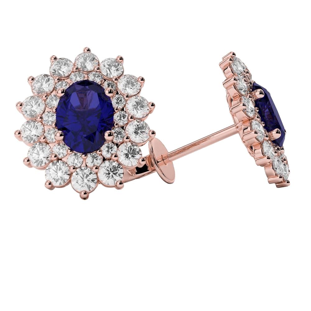 Boucles d'oreilles ovales bleu saphir halo diamants 11 carats or rose 14K - HarryChadEnt.FR