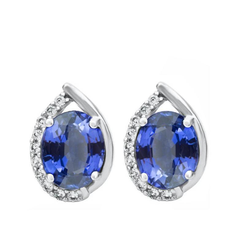 Boucles d'oreilles ovales en saphir de Ceylan et diamants halo 3.20 carats WG 14K - HarryChadEnt.FR