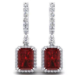 Boucles d'oreilles pendantes 5 carats rubis et diamants pour femmes en or blanc 14K