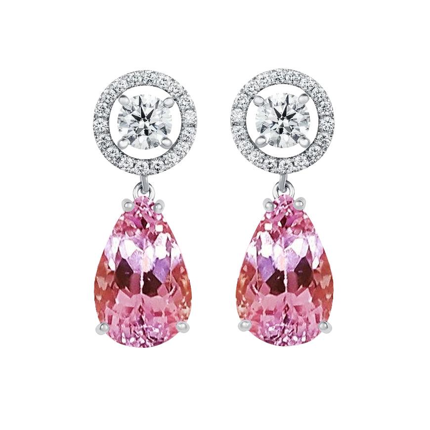 Boucles d'oreilles pendantes Lady Kunzite rose et diamants 33.50 ct en or 14K - HarryChadEnt.FR