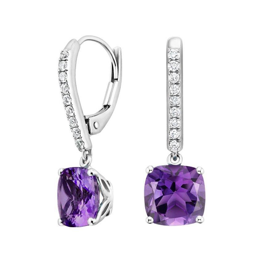 Boucles d'oreilles pendantes améthyste et diamant serti de griffes 10.18 ct. Or Blanc 14K - HarryChadEnt.FR