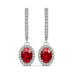 Boucles d'oreilles pendantes dames rubis et diamants 7.06 carats en or blanc 14k