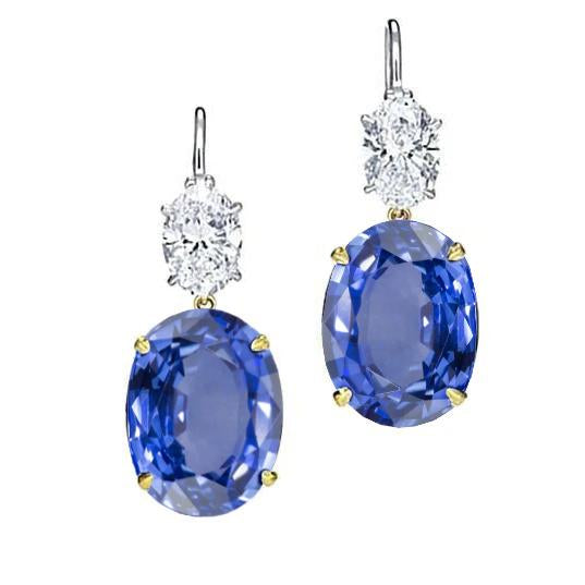 Boucles d'oreilles pendantes diamants saphir de Ceylan ovales 6 carats en or deux tons - HarryChadEnt.FR