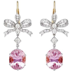 Boucles d'oreilles pendantes en kunzite rose 29.40 ct avec diamants en or deux tons