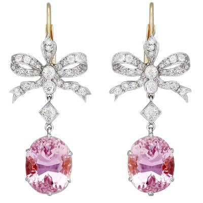 Boucles d'oreilles pendantes en kunzite rose 29.40 ct avec diamants en or deux tons - HarryChadEnt.FR