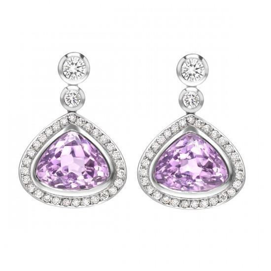 Boucles d'oreilles pendantes en kunzite rose avec diamants 23.50 ct en or blanc 14K - HarryChadEnt.FR