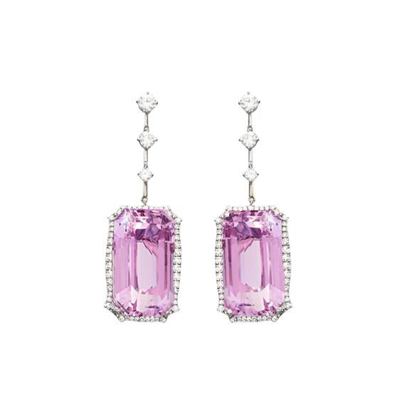 Boucles d'oreilles pendantes en kunzite rose de 37.08 ct avec diamants en or blanc 14K - HarryChadEnt.FR