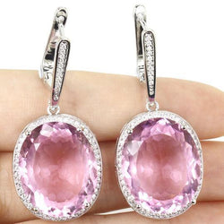 Boucles d'oreilles pendantes en or blanc 14K 45.28 Ct Kunzite rose avec diamants