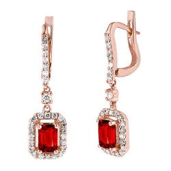 Boucles d'oreilles pendantes en rubis rouge et diamants taille émeraude de 2.70 cts en or rose