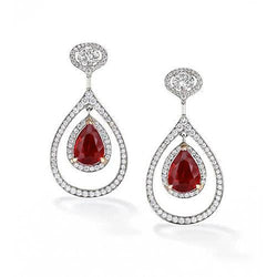 Boucles d'oreilles pendantes en rubis rouge et diamants taille poire en or blanc 3.88 ct 14K